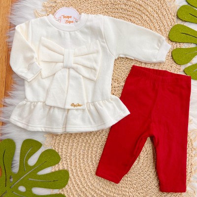 Conj. Casaco de Moletom Big Laço e Legging - Off White e Vermelho